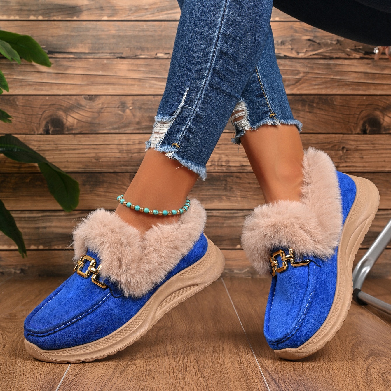 Women's fleece-lined slip-on cotton shoes