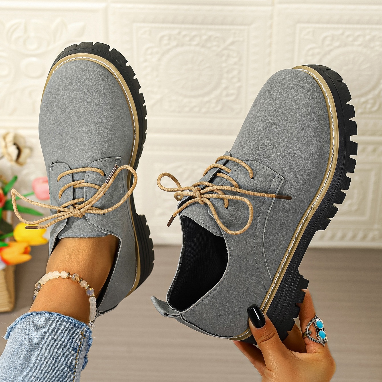 Women's waterproof and non-slip lace-up thick-soled loafers