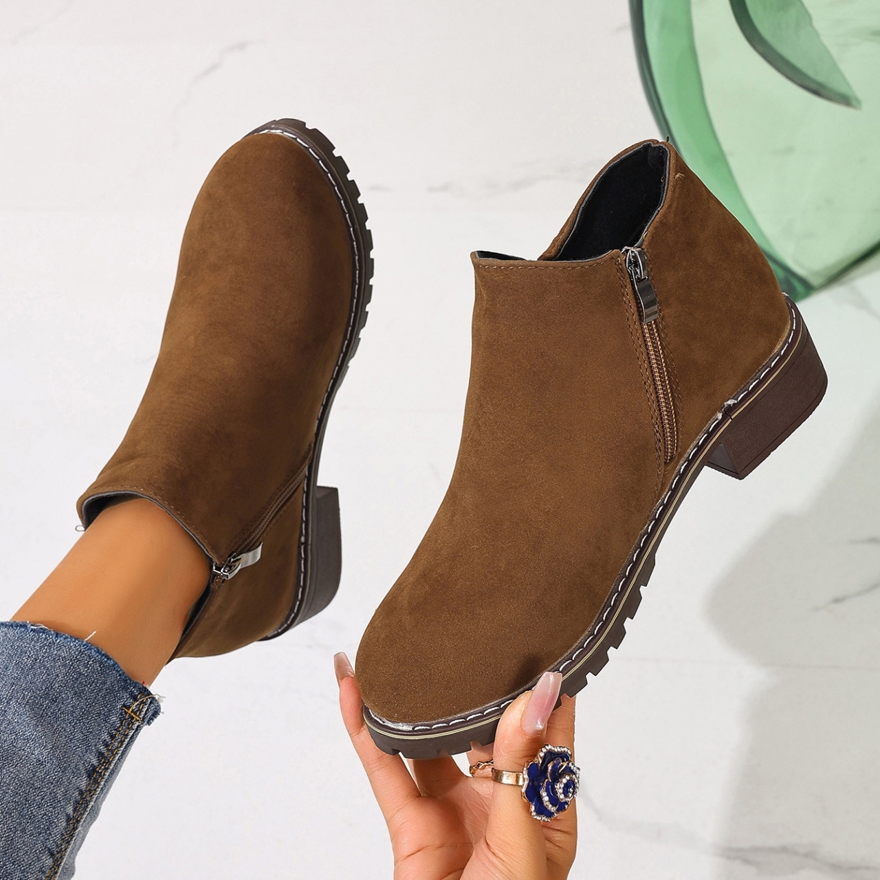 Women's chunky heel suede side zipper boots