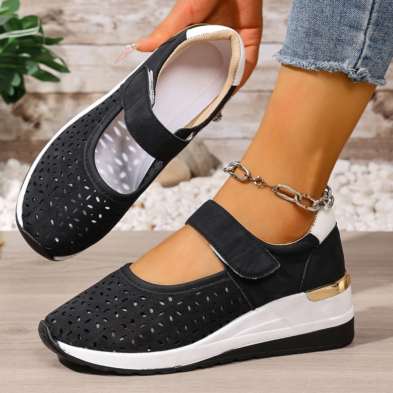🔥Women's Summer Breathable Lightweight Adjustable Velcro Wedge Heel Sneakers