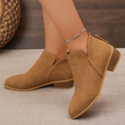 Women's casual thick heel solid color leather boots