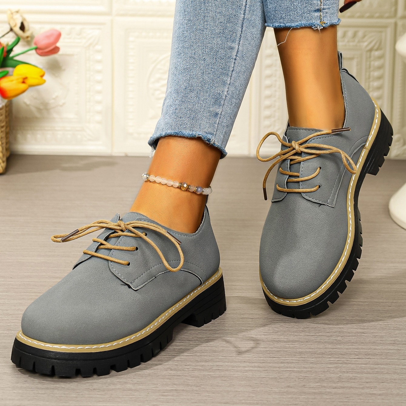 Women's waterproof and non-slip lace-up thick-soled loafers