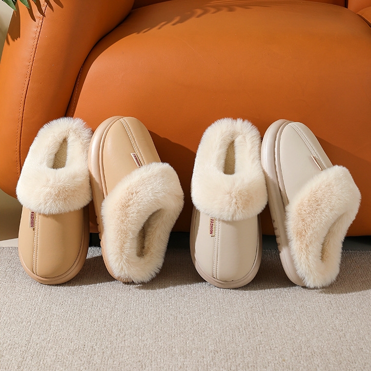 Women's PU leather solid color warm cotton slippers