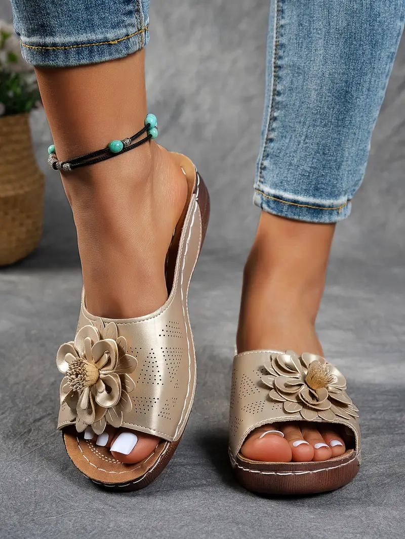 womens floral embellished sandals comfortable flat brown perforated design   thick rubber sole casual summer shoes everyday sandals summer style shoes pu cover sandals strappy sandals details 46