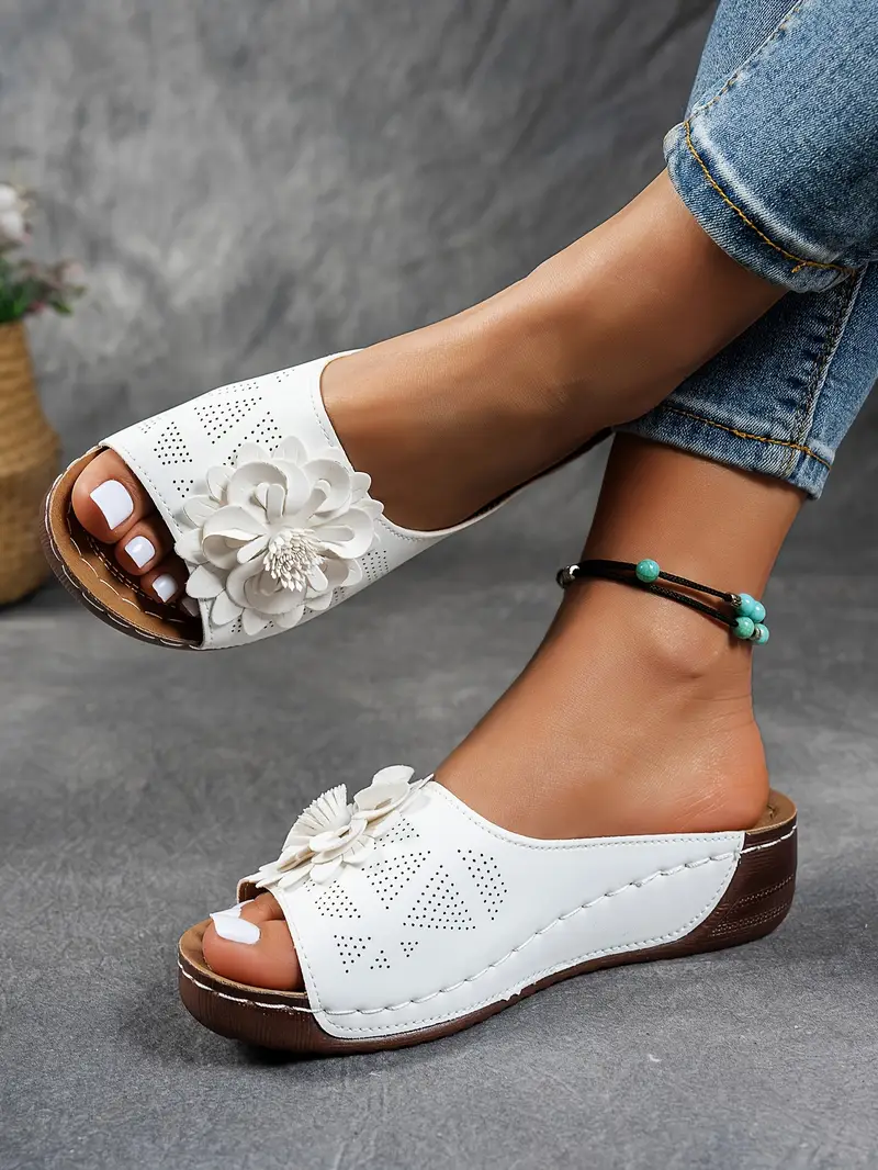 womens floral embellished sandals comfortable flat brown perforated design   thick rubber sole casual summer shoes everyday sandals summer style shoes pu cover sandals strappy sandals details 3
