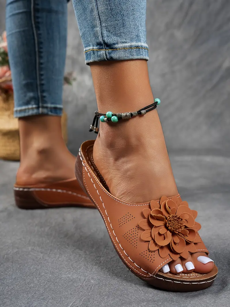 womens floral embellished sandals comfortable flat brown perforated design   thick rubber sole casual summer shoes everyday sandals summer style shoes pu cover sandals strappy sandals details 39
