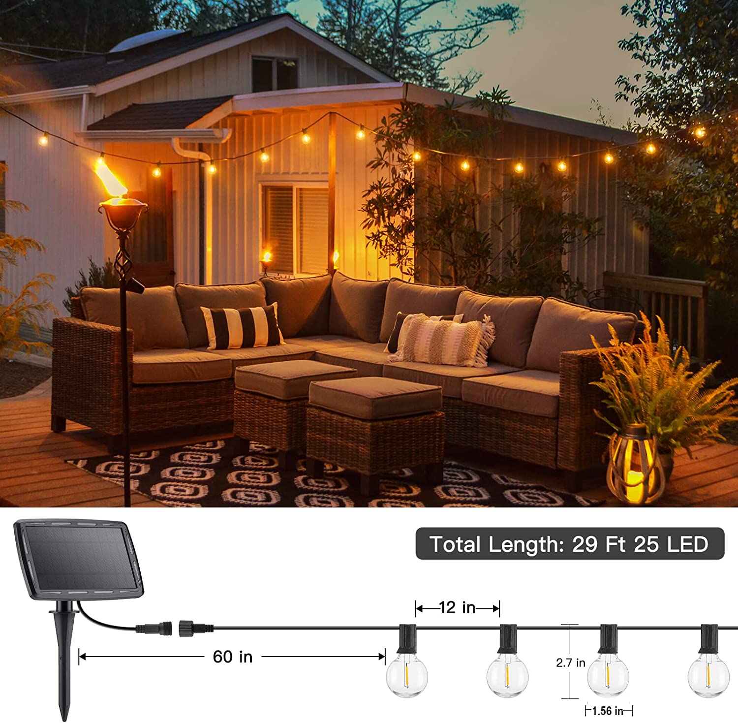 Solar String Lights Outdoor 18 Feet Waterproof Patio LED Lights with 25 Shatterproof Bulbs, 4 Light Modes, Hanging Lights Solar Powered for Backyard Garden Porch Yard Decor