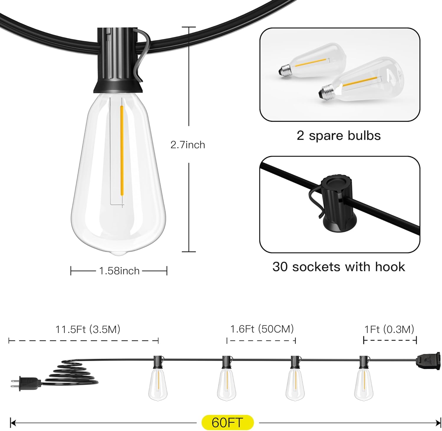 120FT Solar String Lights Outdoor with Remote, 2200K Soft Warm Patio Lights with 52 Shatterproof ST38 Tear-Drop LED Filament Bulbs, Dimmable Outside Edison Hanging Light for Backyard Deck Roof