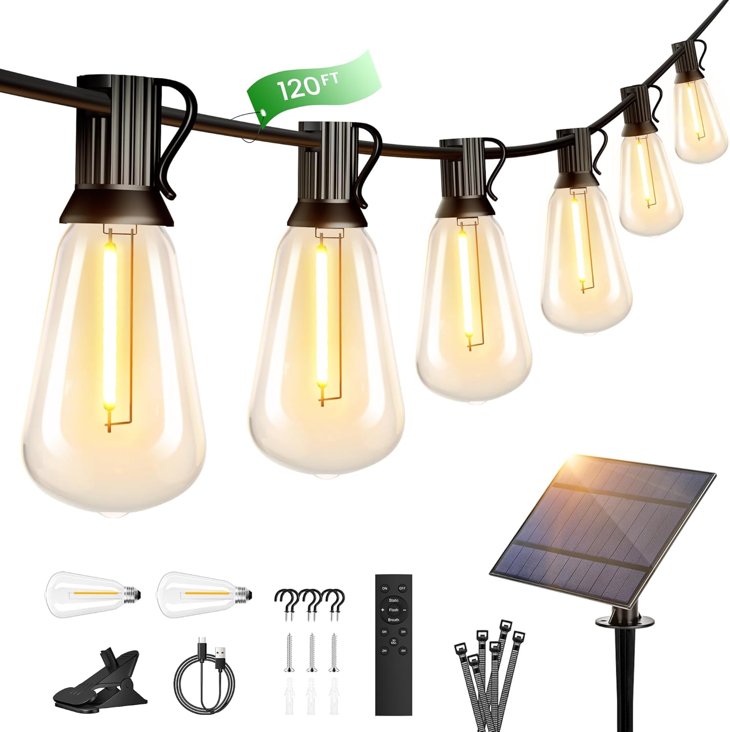120FT Solar String Lights Outdoor with Remote, 2200K Soft Warm Patio Lights with 52 Shatterproof ST38 Tear-Drop LED Filament Bulbs, Dimmable Outside Edison Hanging Light for Backyard Deck Roof