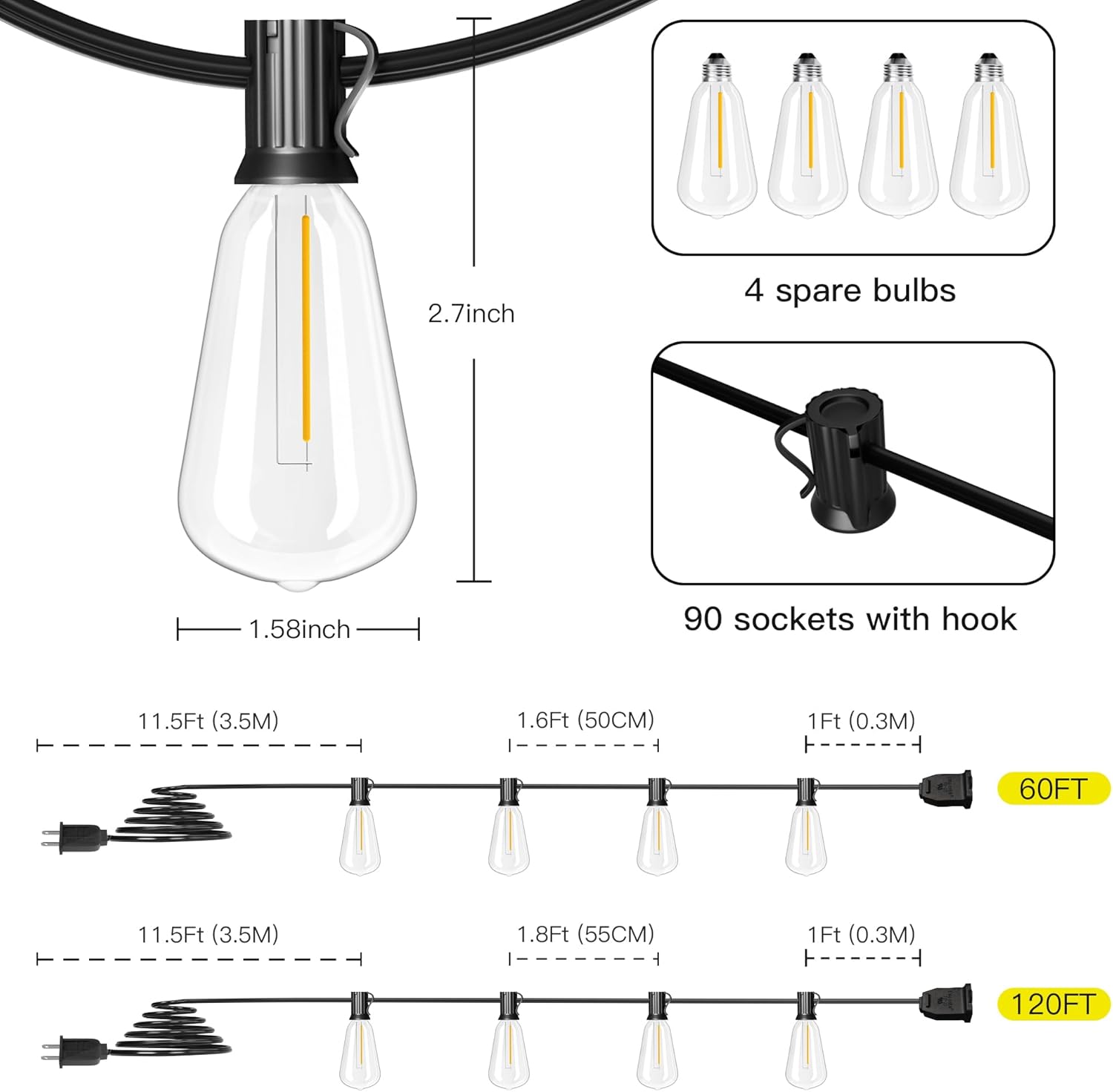 120FT Solar String Lights Outdoor with Remote, 2200K Soft Warm Patio Lights with 52 Shatterproof ST38 Tear-Drop LED Filament Bulbs, Dimmable Outside Edison Hanging Light for Backyard Deck Roof