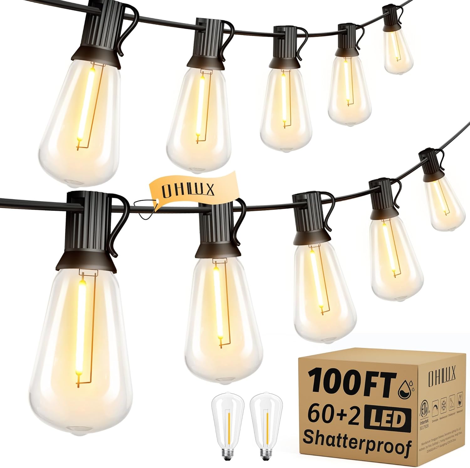 120FT Solar String Lights Outdoor with Remote, 2200K Soft Warm Patio Lights with 52 Shatterproof ST38 Tear-Drop LED Filament Bulbs, Dimmable Outside Edison Hanging Light for Backyard Deck Roof