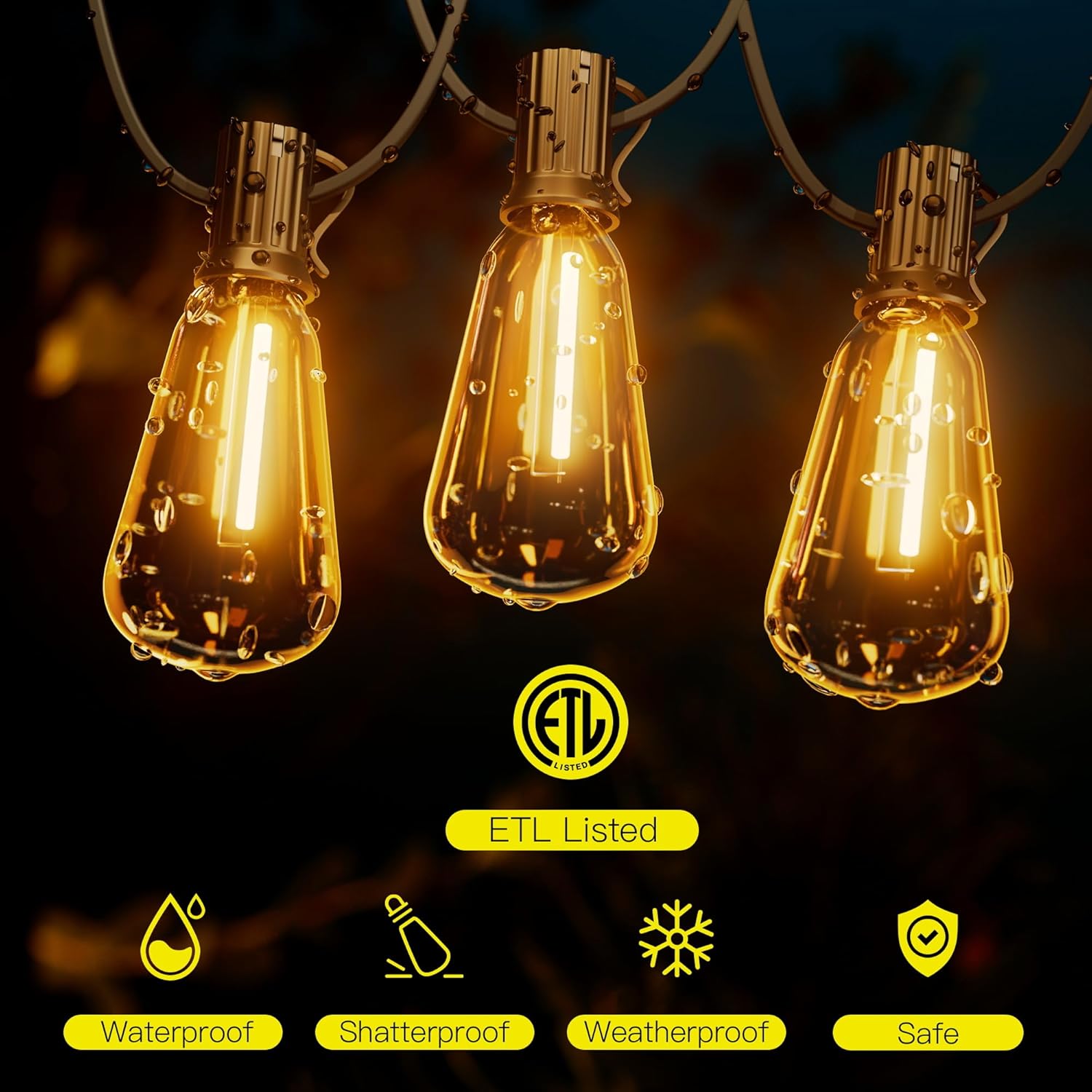120FT Solar String Lights Outdoor with Remote, 2200K Soft Warm Patio Lights with 52 Shatterproof ST38 Tear-Drop LED Filament Bulbs, Dimmable Outside Edison Hanging Light for Backyard Deck Roof