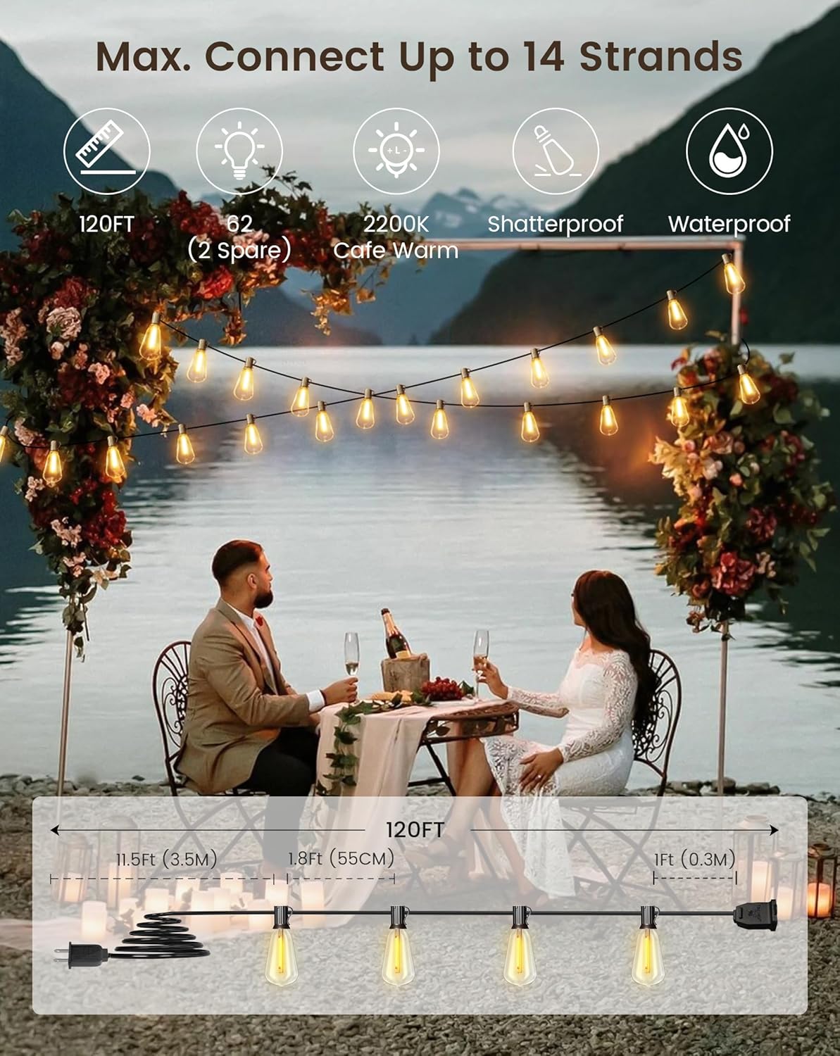 120FT Solar String Lights Outdoor with Remote, 2200K Soft Warm Patio Lights with 52 Shatterproof ST38 Tear-Drop LED Filament Bulbs, Dimmable Outside Edison Hanging Light for Backyard Deck Roof