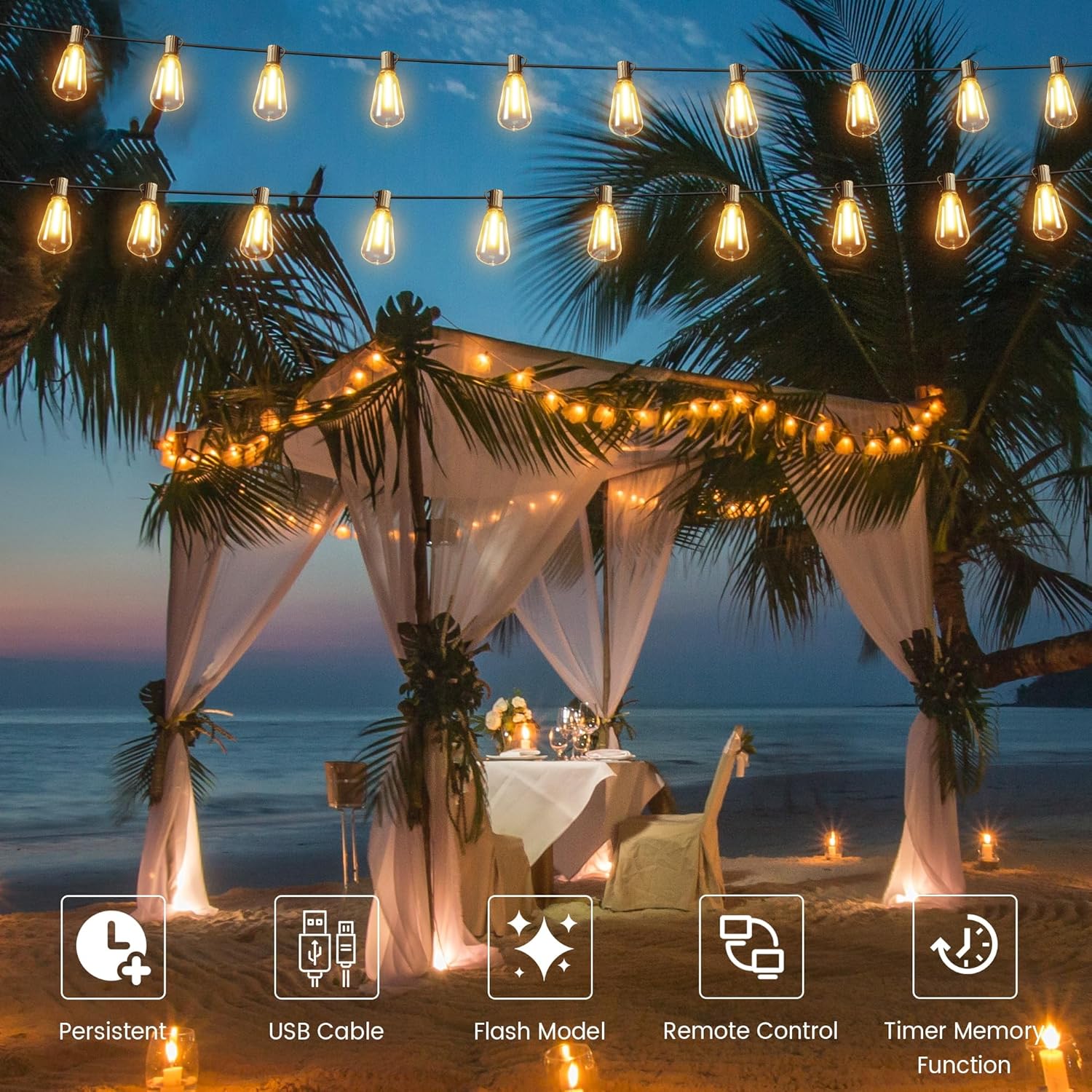 120FT Solar String Lights Outdoor with Remote, 2200K Soft Warm Patio Lights with 52 Shatterproof ST38 Tear-Drop LED Filament Bulbs, Dimmable Outside Edison Hanging Light for Backyard Deck Roof