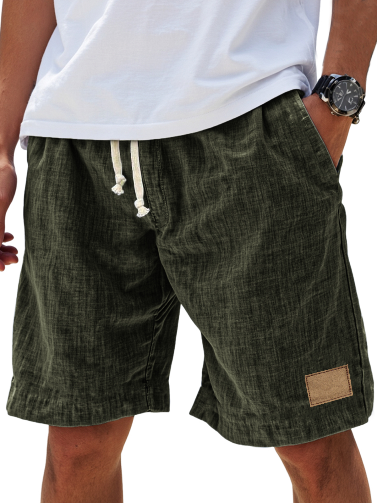 Men's Breathable Linen Embroidered Logo Loose Holiday Shorts-PLAWLTD
