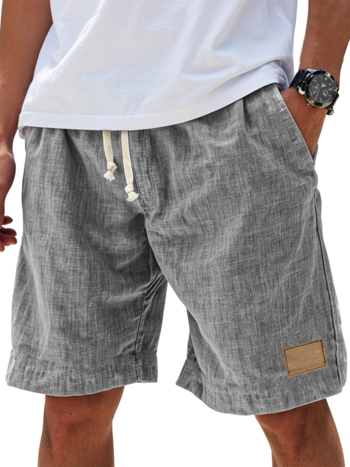Men's Breathable Linen Embroidered Logo Loose Holiday Shorts-PLAWLTD
