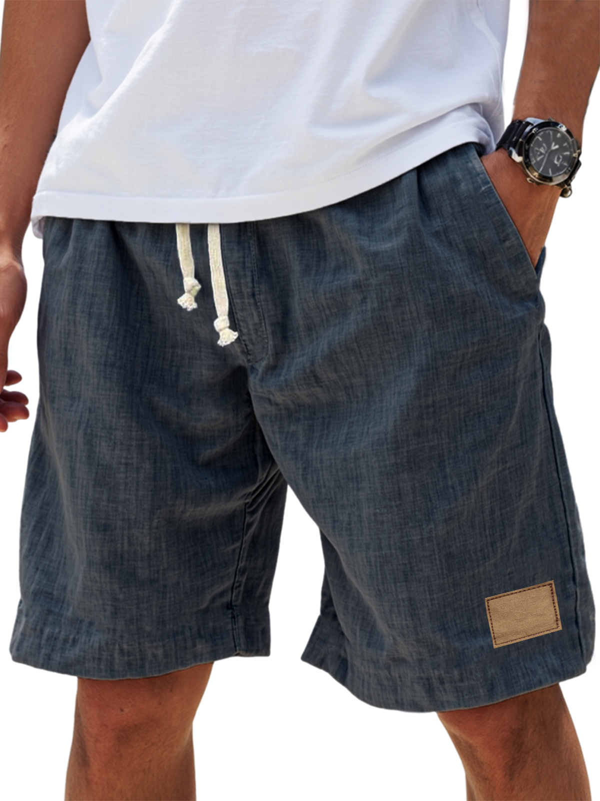 Men's Breathable Linen Embroidered Logo Loose Holiday Shorts-PLAWLTD