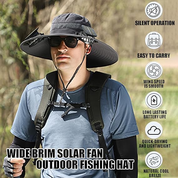 🔥Father's Day Sale 49% OFF - Wide Brim Solar Fan Outdoor Fishing Hat-Solar & USB Charging-PLAWLTD
