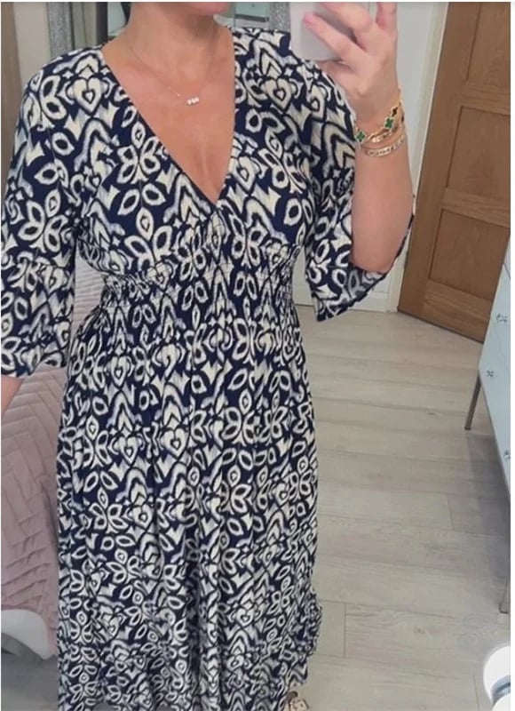 🔥LAST DAY 70% OFF🔥Casual Print V-Neck Waist Wrap Long Dress-PLAWLTD