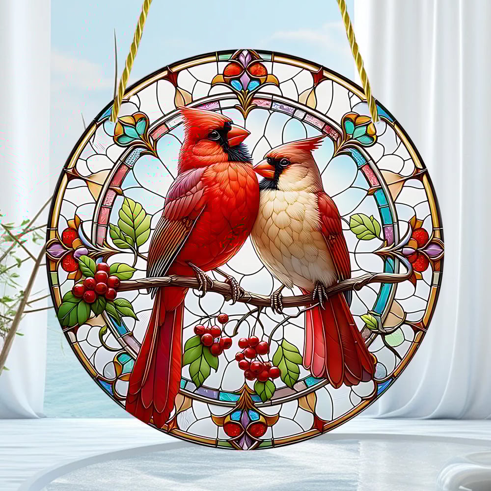 Lovebirds Cardinal Stained Hanging Decor (8 inches)-PLAWLTD