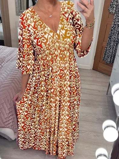 🔥LAST DAY 70% OFF🔥Casual Print V-Neck Waist Wrap Long Dress-PLAWLTD