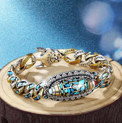 Turquoise Six-character Mantra Nine-eyed Dzi Bead Bracelet