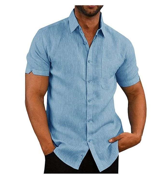 Men's solid color short-sleeved linen buttons shirt-PLAWLTD
