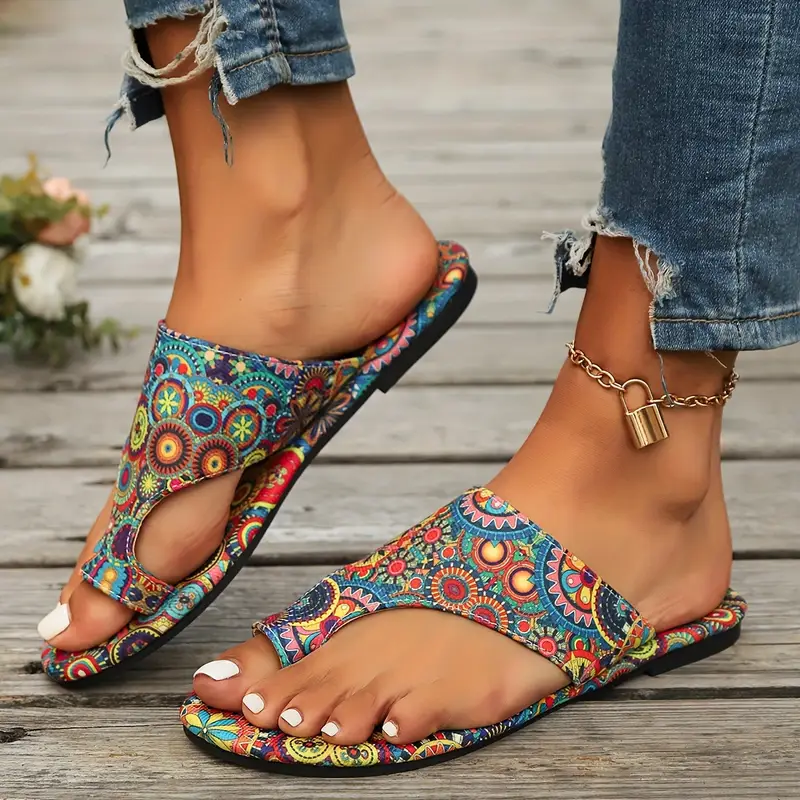 womens bohemian flower pattern slide sandals casual loop toe flat summer shoes lightweight slide sandals details 0
