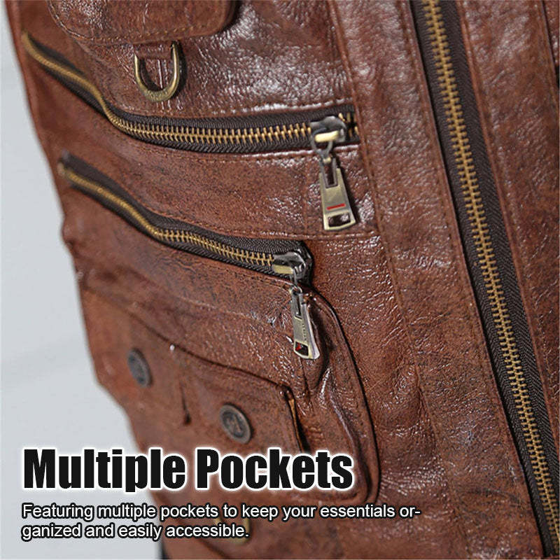 Men's Genuine Leather Multi-Pocket V-Neck Vest