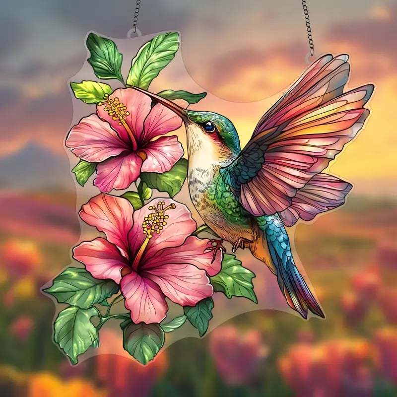 🌸🐦Hibiscus Hummingbird Stained Art Ornament (8 inches)-PLAWLTD