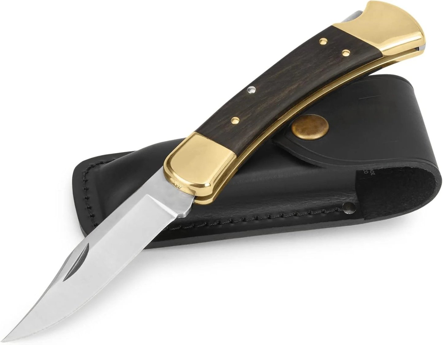 Buck 110 Folding Hunter Lock-back Knife, Brass Bolsters, Ebony Handles, 3-3/4" 420HC Blade with Leather Sheath-PLAWLTD
