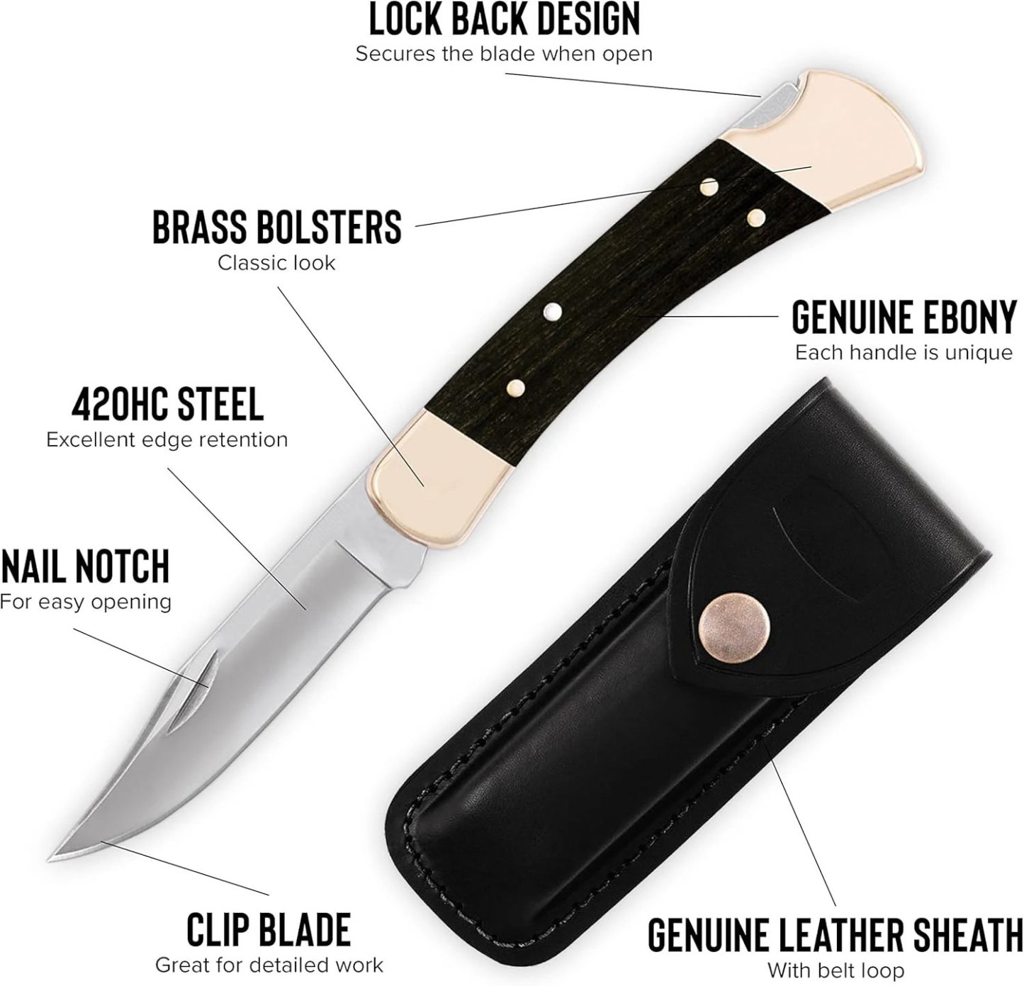 Buck 110 Folding Hunter Lock-back Knife, Brass Bolsters, Ebony Handles, 3-3/4" 420HC Blade with Leather Sheath-PLAWLTD