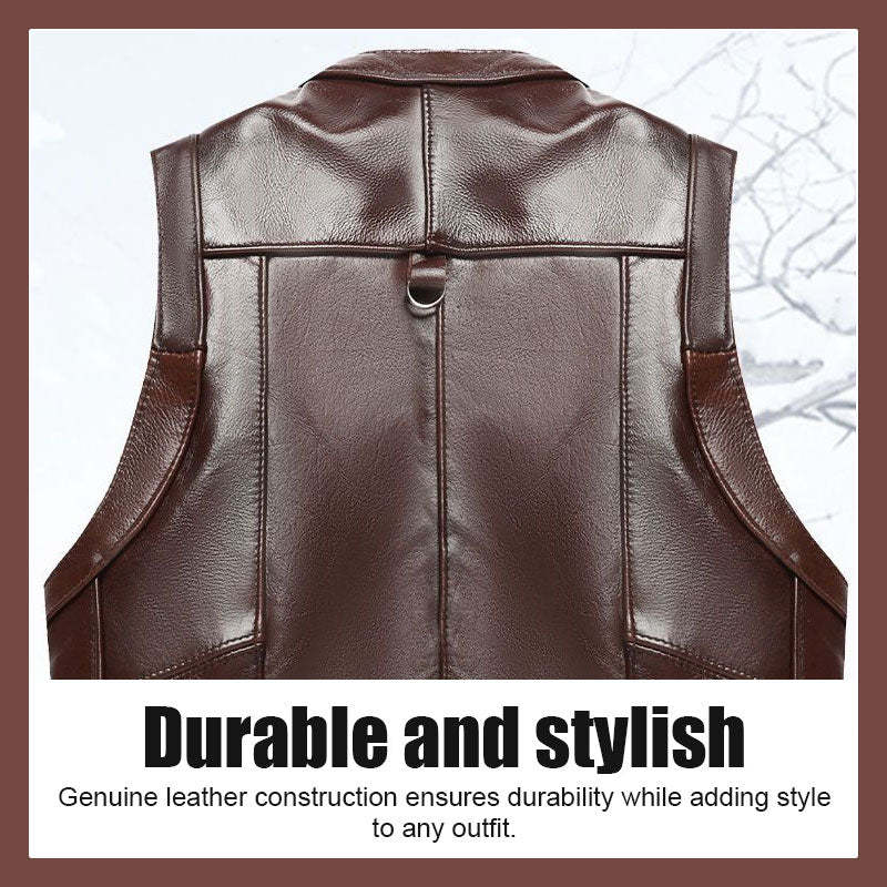Men's Genuine Leather Multi-Pocket V-Neck Vest