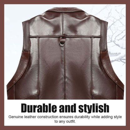 Men's Genuine Leather Multi-Pocket V-Neck Vest