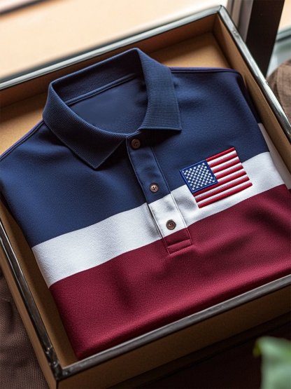 Men's Business Casual Striped Independence Day Button Short Sleeve Polo Shirt-PLAWLTD