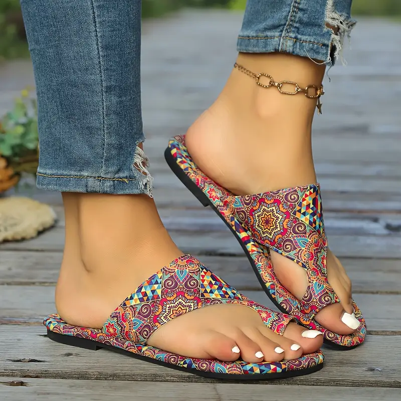 womens bohemian flower pattern slide sandals casual loop toe flat summer shoes lightweight slide sandals details 4