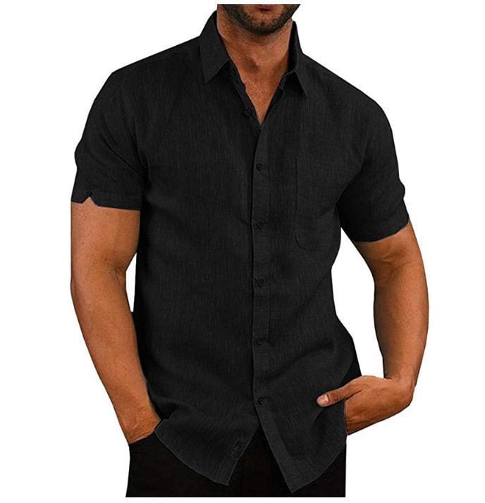 Men's solid color short-sleeved linen buttons shirt-PLAWLTD