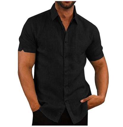 Men's solid color short-sleeved linen buttons shirt-PLAWLTD