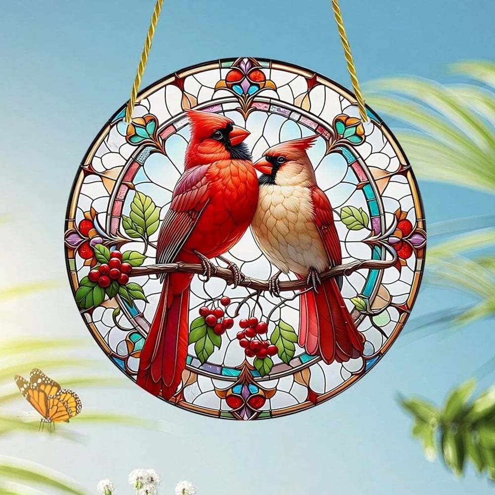 Lovebirds Cardinal Stained Hanging Decor (8 inches)-PLAWLTD