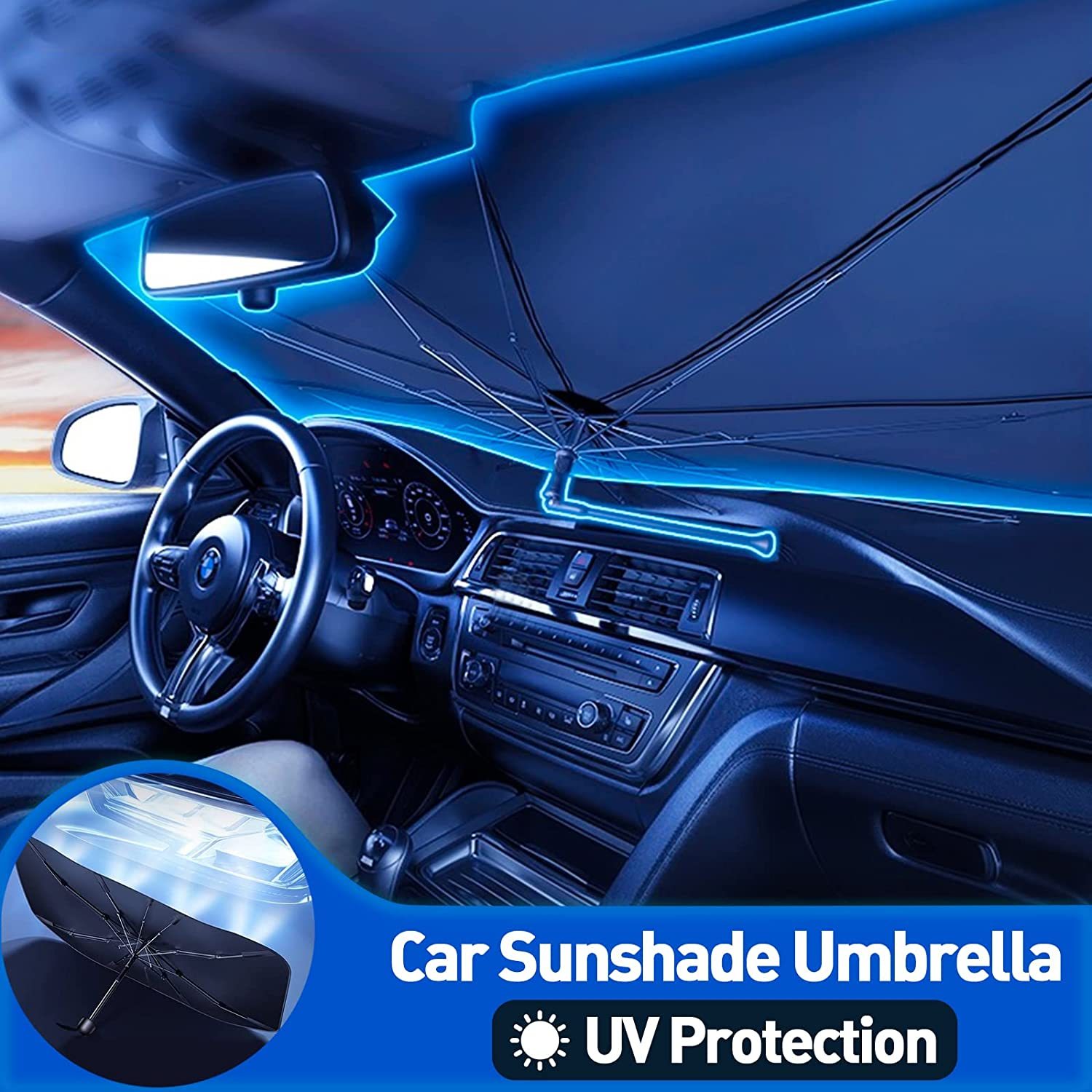 Car Windshield Sun Shade Umbrella - Foldable Car Umbrella Sunshade Cover UV Block Car Front Window (Heat Insulation Protection) for Auto Windshield Covers Most Cars-PLAWLTD