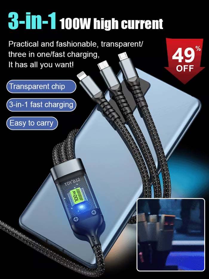 Buy 1 Get 1 Free🔥Transparent Luminous Super Fast Charging 3-in-1 Data Cable