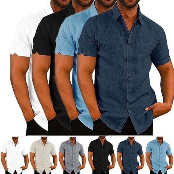 Men's solid color short-sleeved linen buttons shirt-PLAWLTD