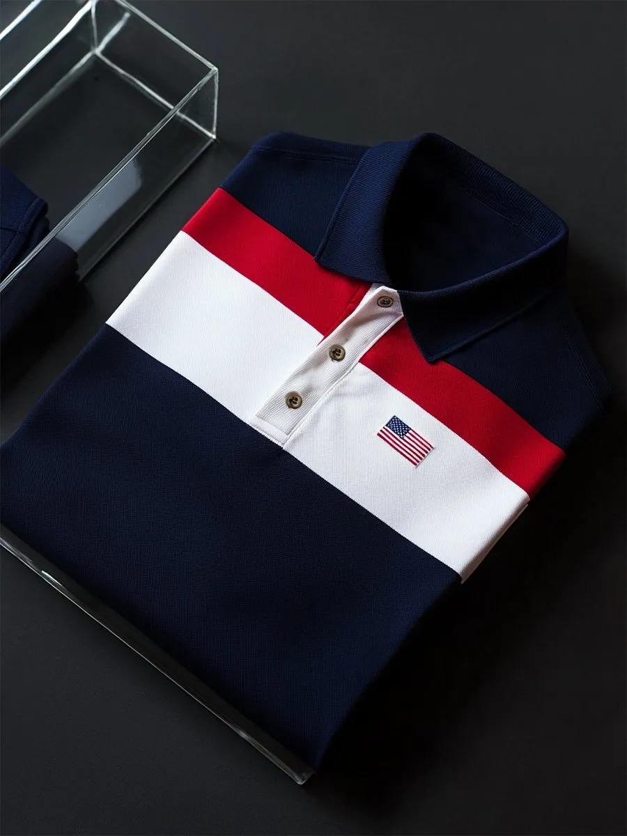 Men's Business Casual Striped Independence Day Button Short Sleeve Polo Shirt-PLAWLTD