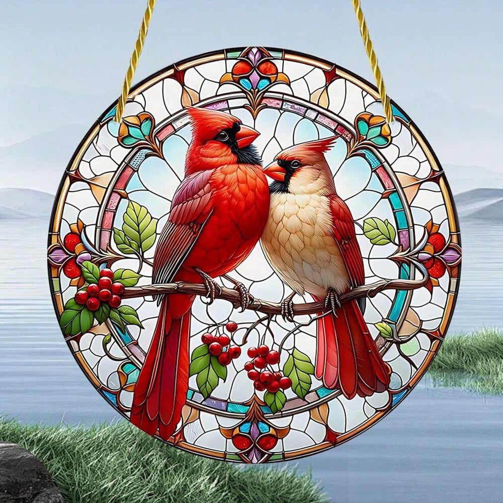 Lovebirds Cardinal Stained Hanging Decor (8 inches)-PLAWLTD