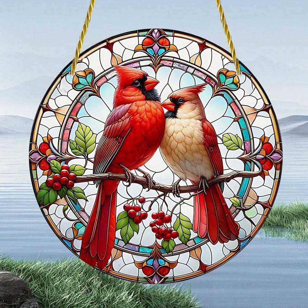 Lovebirds Cardinal Stained Hanging Decor (8 inches)-PLAWLTD