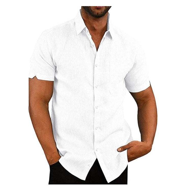 Men's solid color short-sleeved linen buttons shirt-PLAWLTD