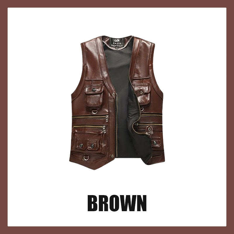 Men's Genuine Leather Multi-Pocket V-Neck Vest