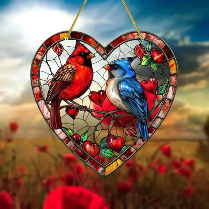 Heart-Shaped Cardinal and Bluebird Stained Ornament (8 inches)-PLAWLTD