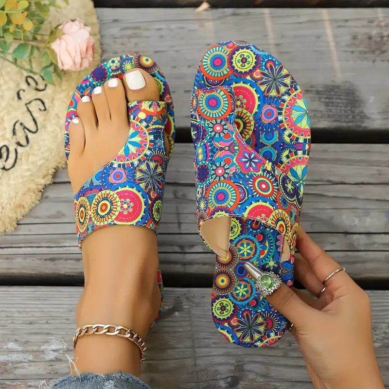 womens bohemian flower pattern slide sandals casual loop toe flat summer shoes lightweight slide sandals details 5
