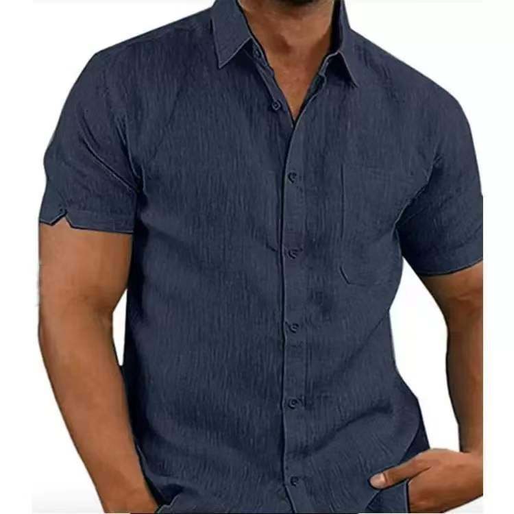 Men's solid color short-sleeved linen buttons shirt-PLAWLTD